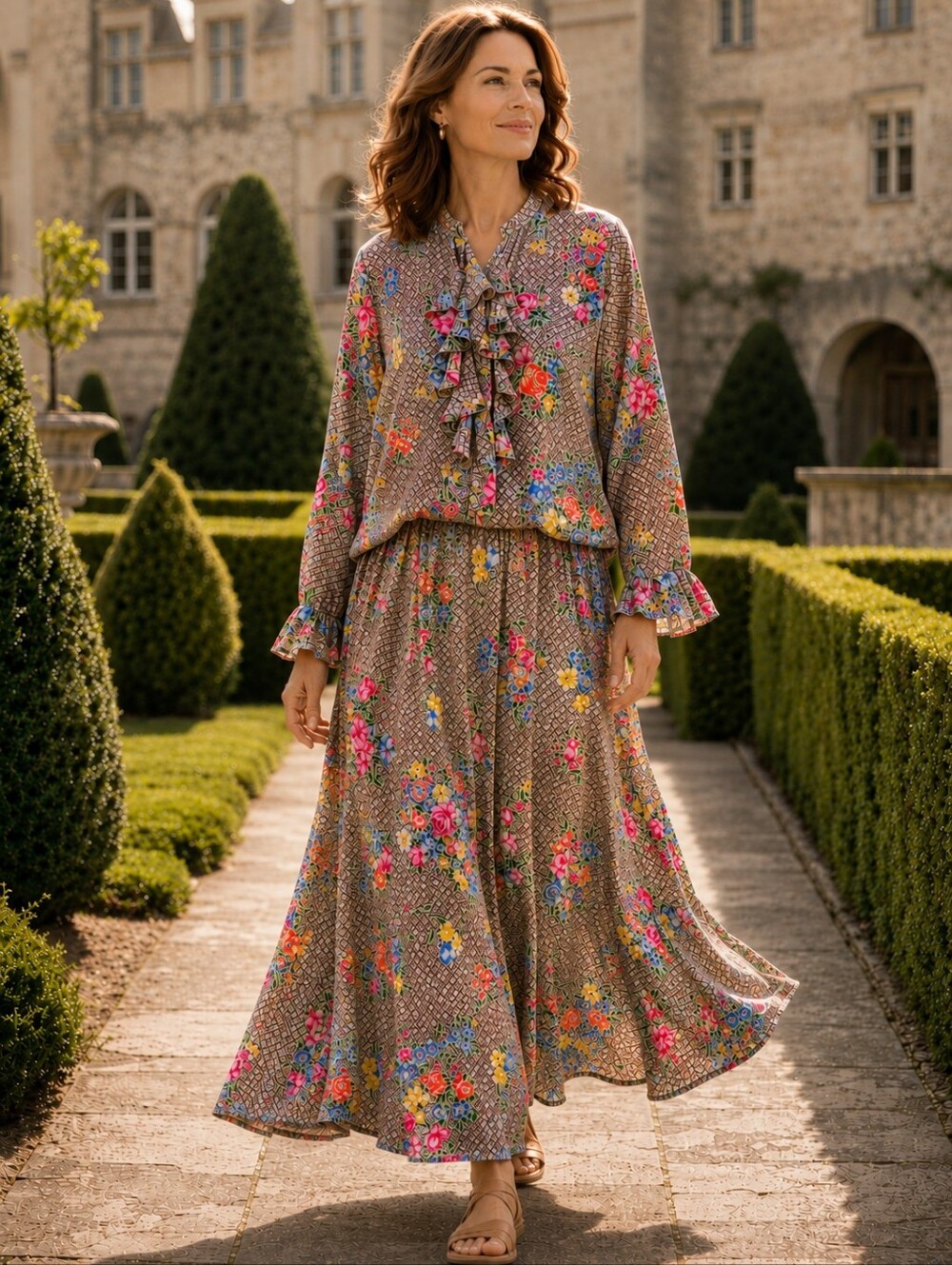 DVF Vintage Silk Blouse Maxi Skirt Set NWT Parquet Floral Deadstock L